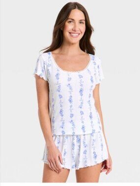 Women's Pointelle Short Sleeve Shirt and Shorts Pajama Set - Auden Blue Floral S
